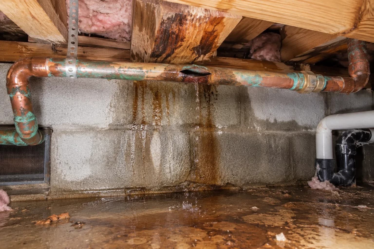 Corroded, leaking copper pipe found during an Alpharetta, GA leak inspection
