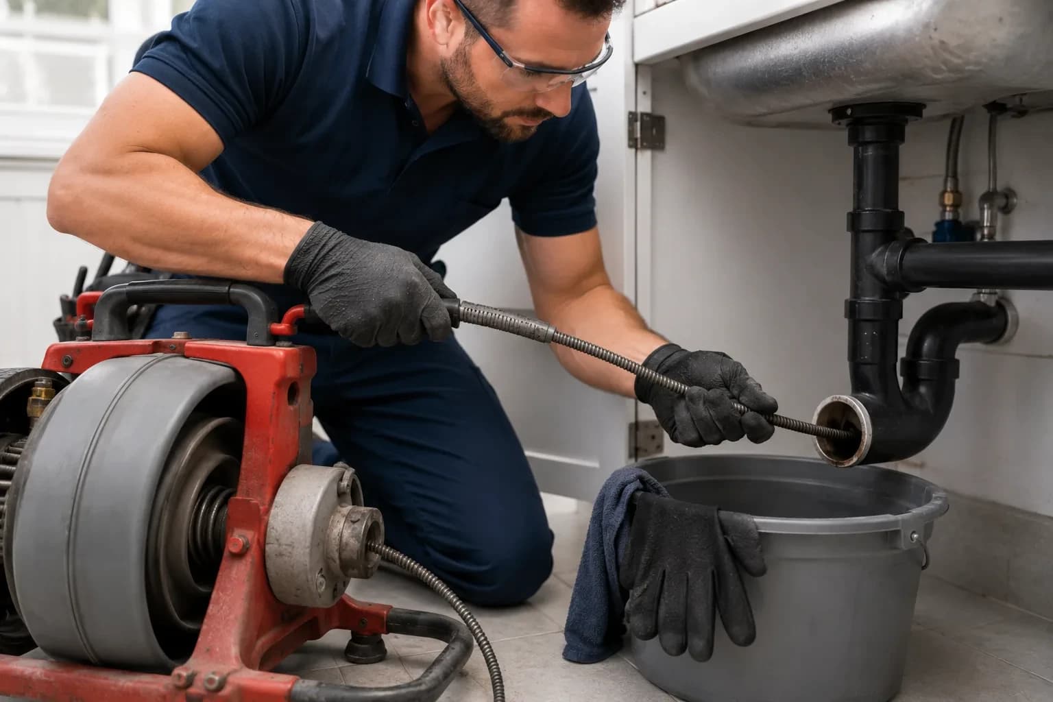 Drain cleaning in progress under a sink in Alpharetta, GA