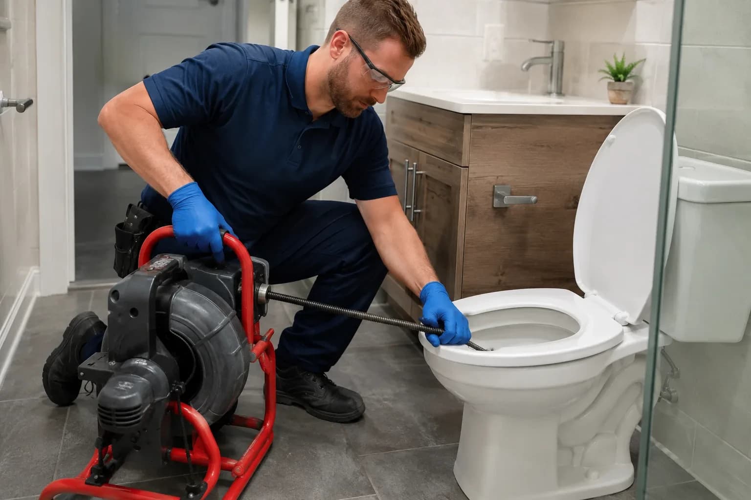 Plumber using a drain snake to clear a toilet clog in Alpharetta, GA