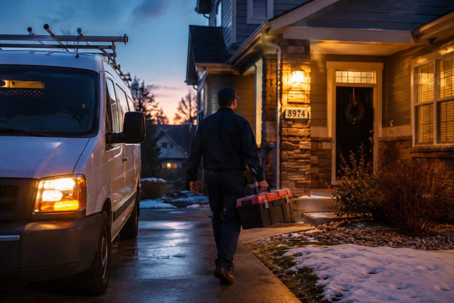 Emergency plumber arriving for a night callout in Alpharetta, GA