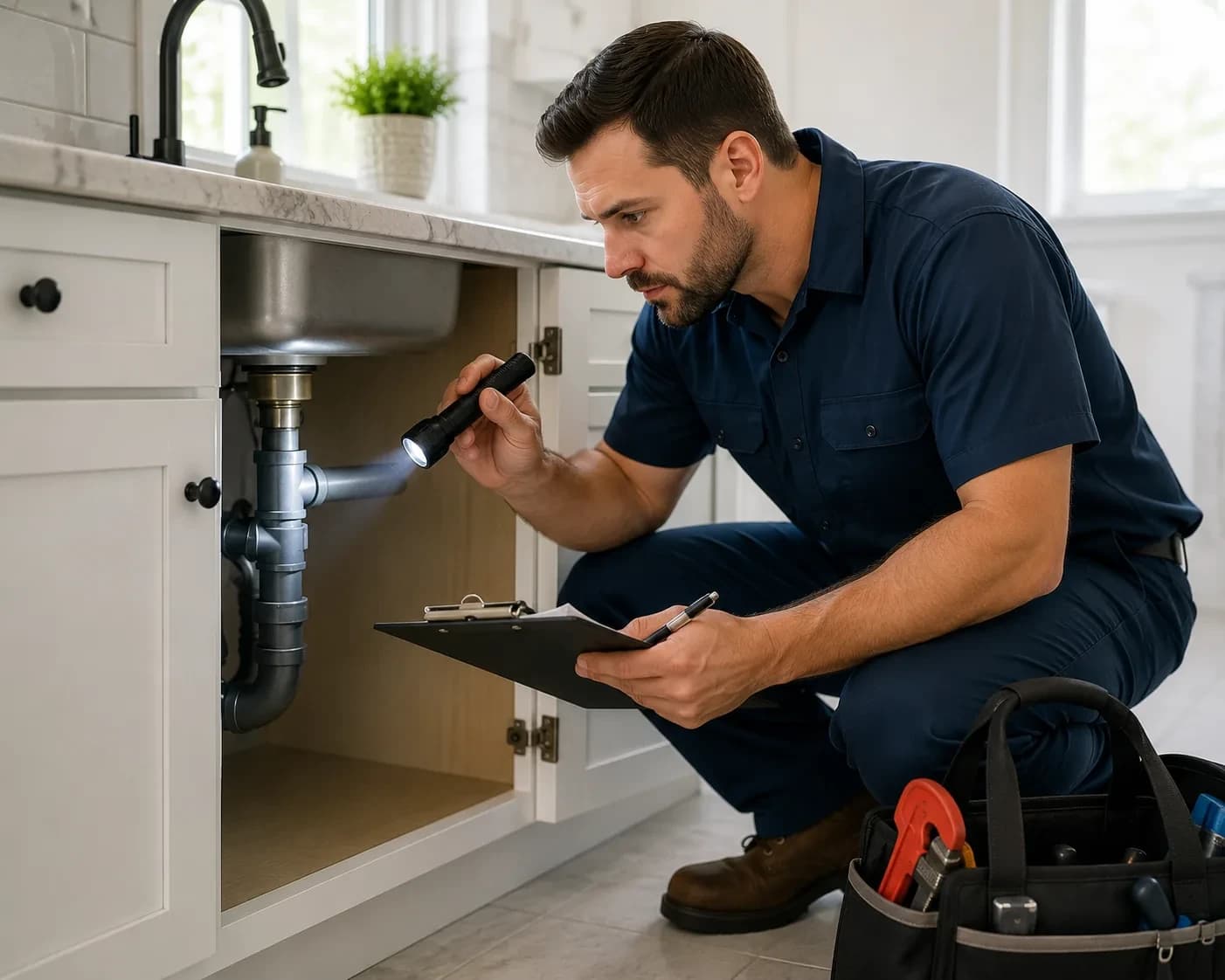 Plumber documenting a repair on a clipboard in an Alpharetta, GA home