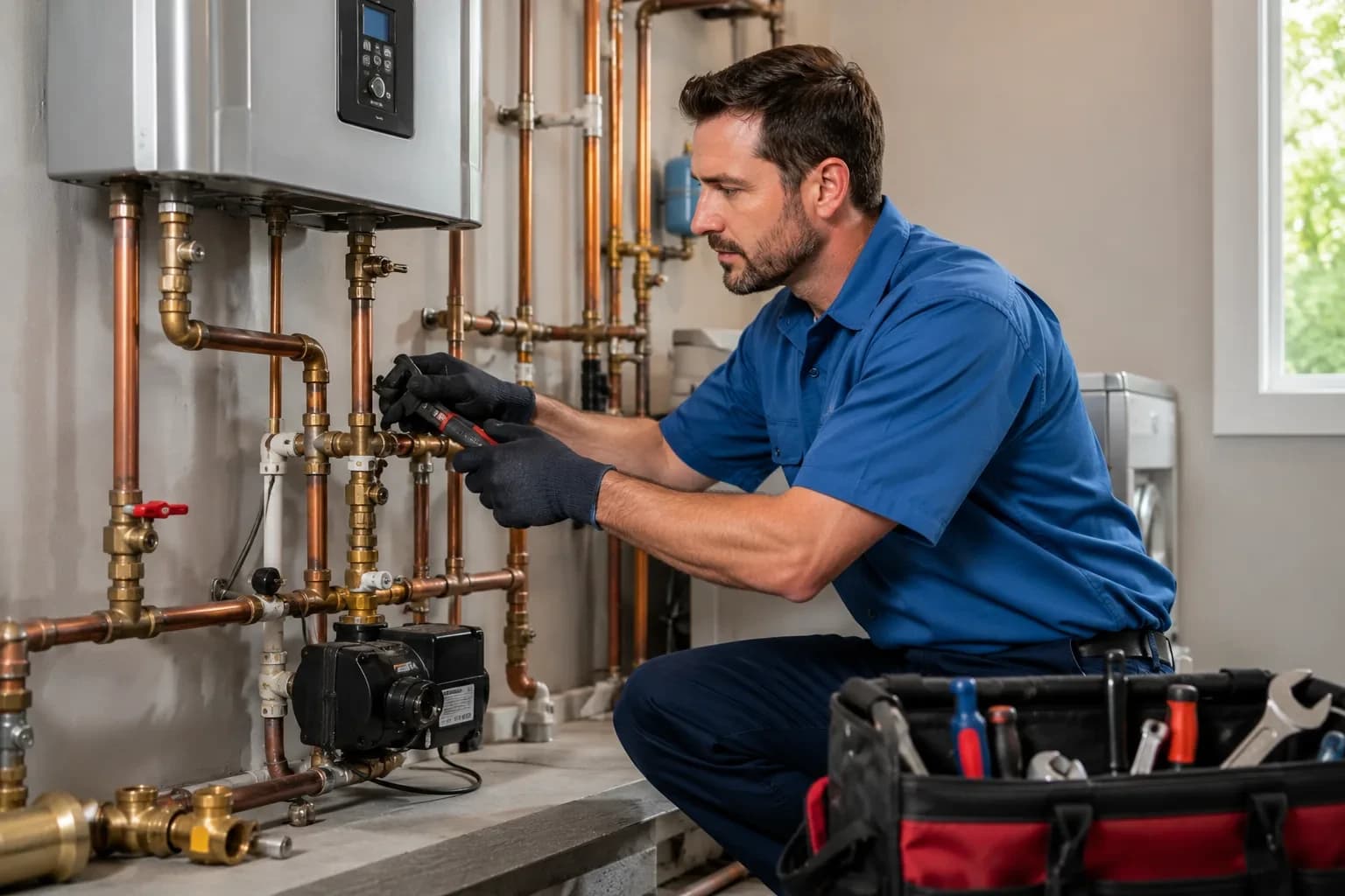 Plumber servicing a tankless water heater in Alpharetta, GA