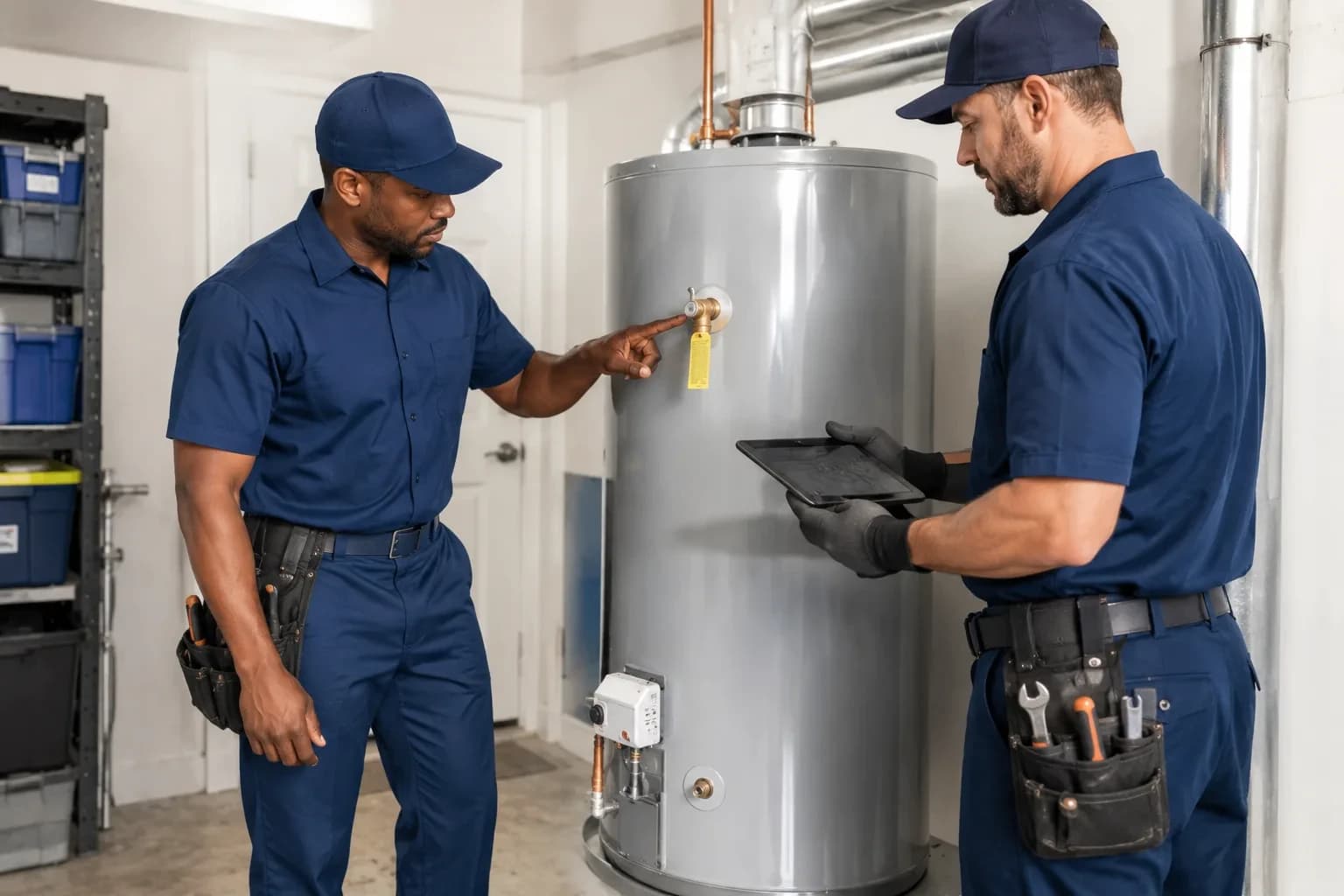 Plumbing team inspecting a water heater in an Alpharetta, GA home