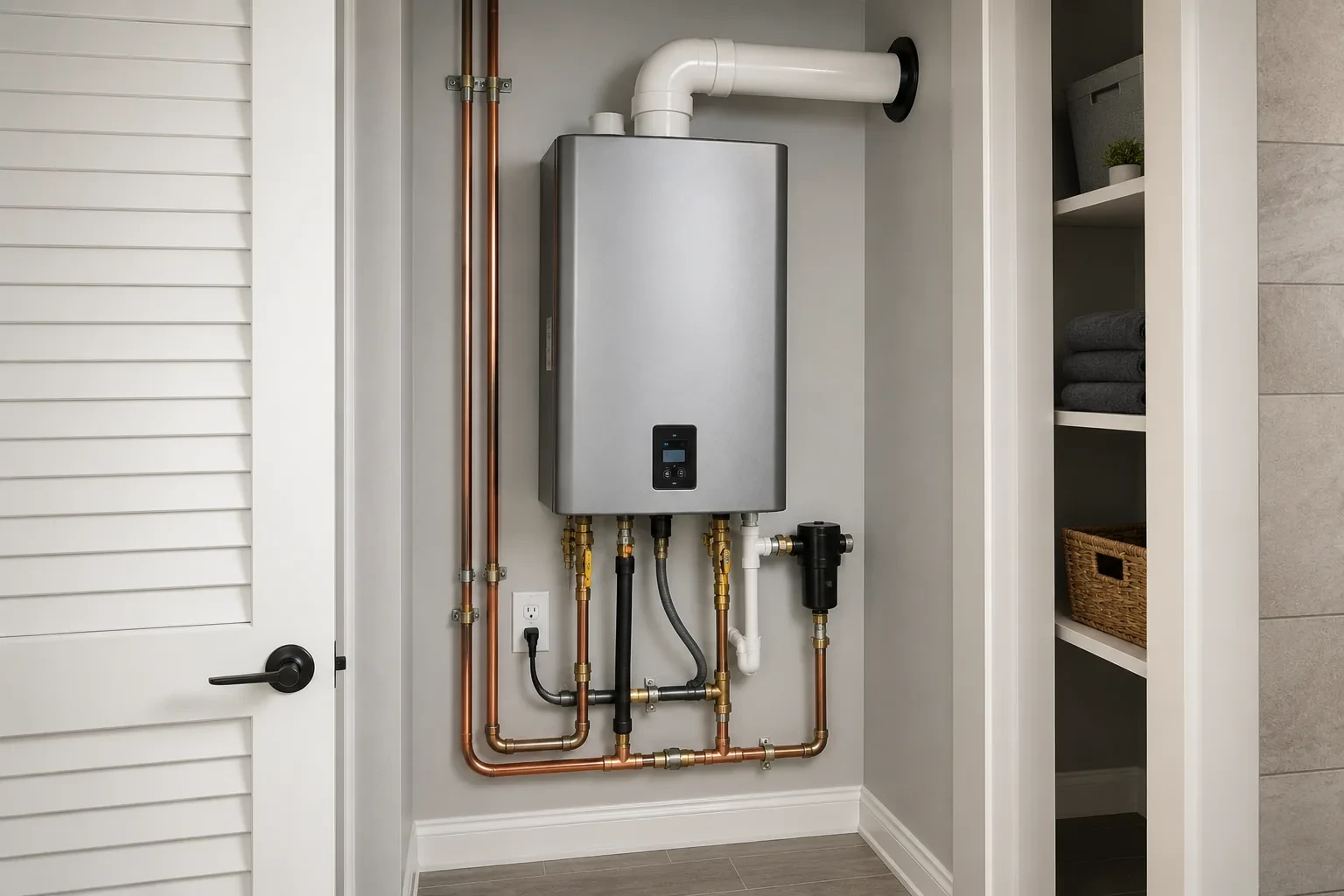 Tankless water heater installed in a closet in an Alpharetta, GA home