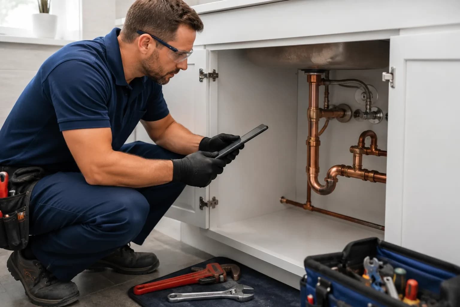 Technician documenting a pipe repair in Alpharetta, GA