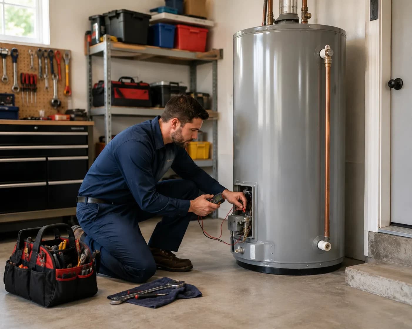 Plumber testing a water heater with a multimeter in an Alpharetta, GA garage