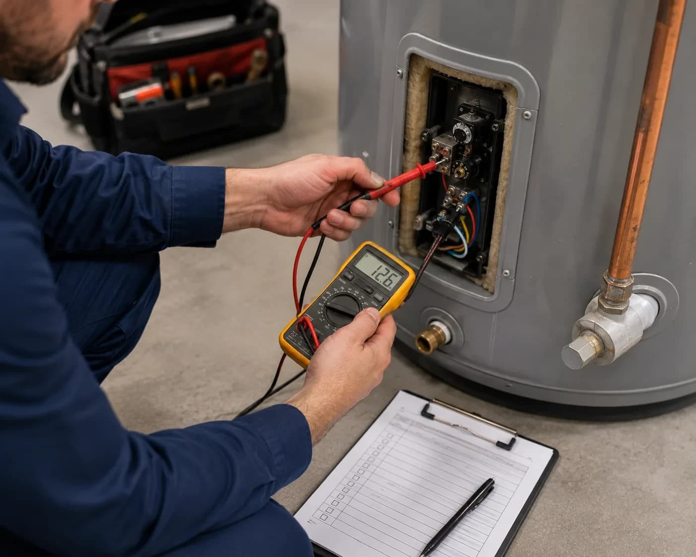 Close-up multimeter diagnostic on a water heater thermostat in Alpharetta, GA